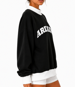 Sweat-shirt noir et blanc à col montant avec grand motif arqué blanc sur le devant, manches longues, bordure contrastante des poignets et du bas, personnalisation du logo - Product Image 2