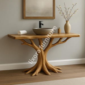 Base de meuble-lavabo de luxe artisanale moderne en racine d'arbre antique, console de salle de bain artistique en bois massif avec miroir mural inclus - Product Image 5