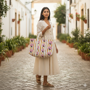 Sac fourre-tout matelassé en coton à rayures moutarde et imprimé paon, avec longues poignées d'épaule, grande capacité, ouvert, réutilisable, pour femme, shopping et voyage - Product Image 2