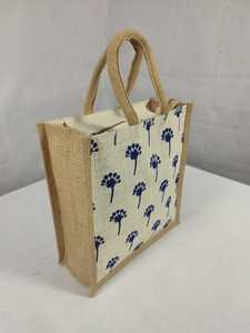 Eco Friendly Natural Jute Tote <b>Shopping</b> <b>Bag</b> with Printed Fabric Front Panel Durable Jute Handles Top <b>Zip</b> Closure Wedding Ready - Product Image 1