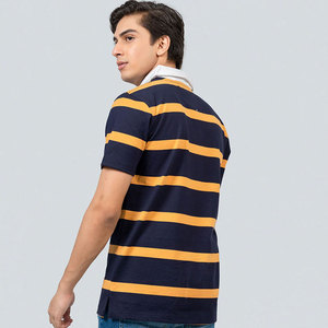 Polo de punto de manga corta a rayas azul marino y mostaza para hombre, estilo casual, corte regular - Product Image 6