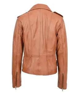 Estilo de piel personalizado con bolsillo con cremallera Manga larga Chaquetas de cuero genuino Chaqueta de cuero para mujer - Product Image 2