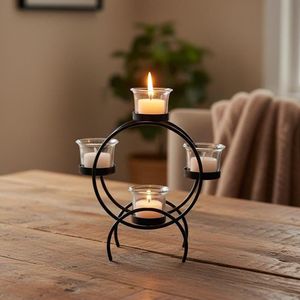 Luxury 4 Cup Metal and Glass Tealight Candle Holder Stand Modern Round Ring Design Decorative Centerpiece for Dining <b>Table</b> - Product Image 1