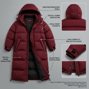 Chaqueta Larga Acolchada Unisex Color Granate con Capucha, Estilo Plumón, para Invierno, Cálida, para Exteriores, Estilo Urbano, Personalizable - Product Image 3