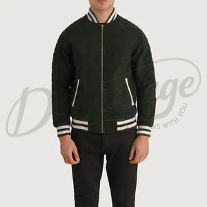 Blouson bomber en daim véritable vert foncé pour homme avec poignets côtelés rayés et design minimaliste ajusté - Product Image 3