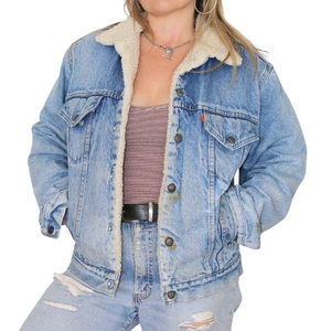 Women's Denim <b>Jacket</b> With Faux Fur Collar Button Closure Casual Autumn Wear Light Blue Washed Fabric Full Sleeve Regular Fit - Product Image 3