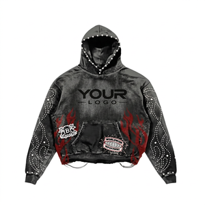 Acid Wash Rhinestone Patch Oversized Zip Up Hoodie <b>Men</b> Streetwear <b>Fleece</b> Pullover - Product Image 3
