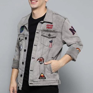 Men's Gray <b>Denim</b> Jacket Turn-down Collar Casual Single Breasted Button Closure Washed Cotton <b>Material</b> Patch Design - Product Image 1