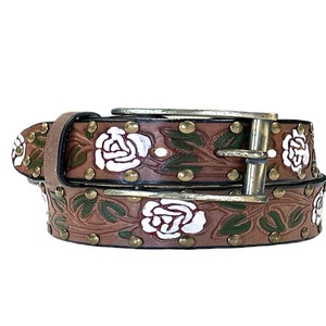 Classic Floral Painted Cowhide Western Leather <b>Belt</b> with Silver Pin Buckle and Brass Studs for Men Casual Style Hand <b>Tooled</b> <b>Belt</b> - Product Image 5