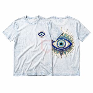 T-shirt blanc en coton épais coupe ample et carrée pour homme, col rond, motif œil abstrait, délavage vintage - Product Image 1