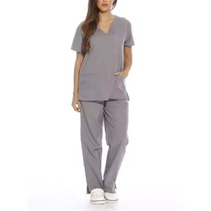Conjunto de Uniforme Médico para Mujer, Cuello en V, Gris, Algodón y Poliéster, Pantalones Transpirables y Elásticos para Hospital, Clínica, Spa - Product Image 1