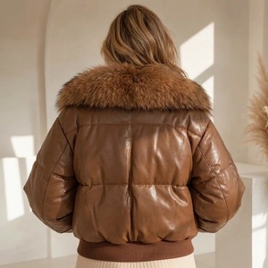 Chaqueta de cuero acolchada para mujer con cuello de piel sintética extraíble, abrigos de piel de cordero de lujo, tallas S-XX, regalo para damas - Product Image 2
