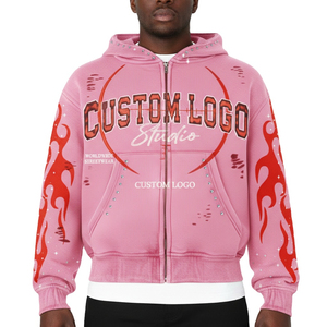 Sweat à capuche zippé oversize pour homme, le plus vendu, design personnalisé, délavé à l'acide, effet vieilli, strass, molleton épais 100% coton - Product Image 2