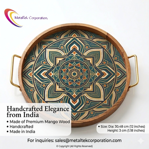 Eco-Friendly Round Mango Wood <b>Serving</b> <b>Tray</b> <b>Gold</b> Metal Handles Olive Leaf Print Decorative Platter Premium Wedding Gift Wood <b>Tray</b> - Product Image 5