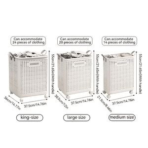 Cesto della biancheria pieghevole in ceramica bianco di grandi dimensioni, ampio e multifunzione portatile, a ruote, tinta unita per il bagno - Product Image 2