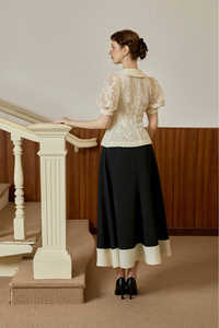 Vente en gros Vietname Demi-robe en dentelle florale élégante / vintage / romantique ZELLA - Blouse à manches bouffantes en dentelle et jupe fendue en mélange de lin KS50 - Product Image 3