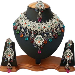 Silver Plated <b>Crystal</b> Necklace <b>Set</b> With Colorful Rhinestones Women's Ethnic Wedding Jewelry - Product Image 3