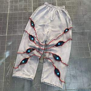 Men's Ripped Harem <b>Pants</b> With Luminous Eye Print Elastic Waist Street Style Drawstring Joggers Autumn Knitted Polyester - Product Image 2