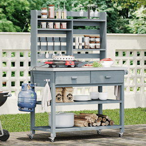 Isola Cucina da Esterno in Legno Massello con Ripiano Superiore e Ruote Bloccabili, 165 cm di Altezza, Banco da Giardinaggio con Vano Portaoggetti in Acciaio Inossidabile - Product Image 3