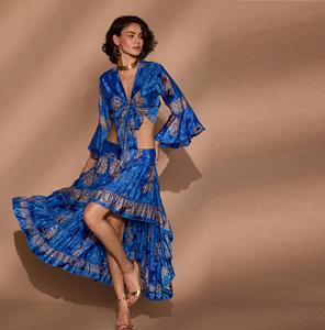 ชุดเซ็ตโบโฮลายดอกไม้สำหรับผู้หญิง เสื้อคอวีผูกเชือก กระโปรงแม็กซี่ระบายชายสูงต่ำ ชุดสองชิ้น รับทำโลโก้ตามสั่ง จำหน่ายจำนวนมาก - คละสี - Product Image 1