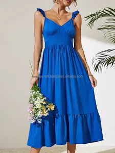 2024 nueva llegada verano elegante Color sólido media manga cuello en V Maxi vestido de talla grande cintura Natural técnica ecológica - Product Image 5