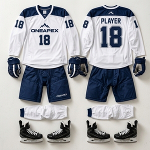 Custom <b>White</b> Blue Ice Hockey Uniform Set Long Sleeve Shorts Gloves <b>Socks</b> Breathable OEM Wholesale Sportswear Manufacturer - Product Image 2