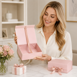 Boîte cadeau magnétique rose avec nœud en satin pour ensemble de cosmétiques et de soins de la peau, emballage personnalisé avec logo - Product Image 5