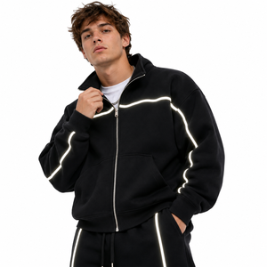 Custom Reflective Piping Boxy Oversized High Collar Hoodies Wide Leg Sweatpants Heavy Cotton Fleece Mock Neck Zip <b>Track</b> <b>Jacket</b> - Product Image 2