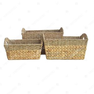 SWIRLED BELT Two-Tone <b>Rectangular</b> Seagrass & Water Hyacinth Storage <b>Basket</b> with Chunky Hyacinth Base Belt - Product Image 2