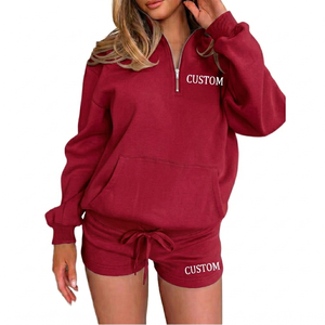 Ensemble short 2 pièces pour femme, demi-zip, 100% coton, tissé uni, décontracté, respirant, écologique, tenue athleisure pour tous les jours - Product Image 6