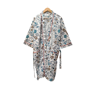 Bata Kimono de Algodón Gris Floral para Mujer, Manga Larga, Cuello en V, Bata de Baño Larga, Ropa de Estar por Casa, Ropa de Dormir con Cinturón Ajustable - Product Image 1