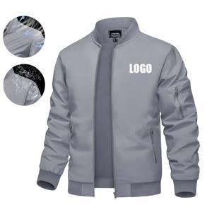Blouson Bomber Gris en Toile pour Homme, Coupe-Vent en Polyester, Col Montant, Fermeture Éclair, Style Décontracté pour l'Automne, Logo Frontal Thermocollé - Product Image 1