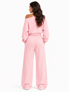 <b>Pink</b> Off-Shoulder <b>Crop</b> <b>Top</b> Hoodies Custom Matching Wide Leg Sweatpants Set Casual Loose Fit Full Sleeve Solid Color Tracksuit - Product Image 2