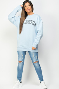 เสื้อสเวตเชิ้ตคอกลมโอเวอร์ไซส์สีฟ้าอ่อนสำหรับผู้หญิงของโคลัมเบีย แขนยาว พิมพ์ลายตัวอักษร ผ้าถัก สำหรับใส่ในฤดูใบไม้ร่วง - Product Image 2