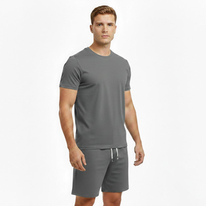 Ensemble T-shirt et short en coton bleu pour homme, col rond, décontracté, respirant, tricoté, couleur unie, deux pièces, impression sérigraphique ODM - Product Image 2