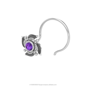 Pendiente de Nariz con Amatista Redonda en Plata de Ley 925, Estilo Indio, para Mujeres y Niñas - Product Image 2