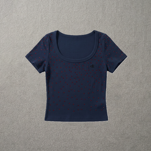 Top corto rojo brillante con pedrería, personalizado con la marca, camiseta de mujer de media manga, ropa deportiva, camiseta de algodón tejido para mujer - Product Image 3