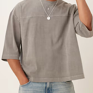 T-shirt en coton gris surdimensionné pour homme, manches courtes, col rond, couleur unie, décontracté, tricoté, streetwear, respirant, séchage rapide, écologique - Product Image 3