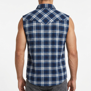 Chemise d'été sans manches à carreaux en flanelle pour homme, qualité supérieure, avec empiècements effilochés aux emmanchures, décontractée, boutonnée, coupe ajustée, 100% coton respirant - Product Image 2