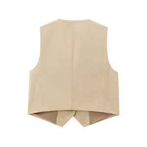 Chaleco Casual de Moda con Cuello Redondo y Cierre de Cinturón Color Caqui para Mujer, Resistente al Viento, Transpirable, Sin Mangas, con Bolsillos con Solapa - Product Image 2