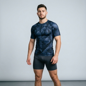 Mens Sporty Athletic Compression Jersey Solid Half Sleeve Shirt Front Fitted Custom Fitness Workout Gym Training Running Sports - Product Image 1