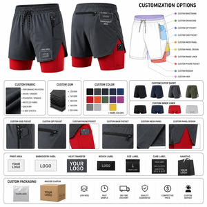 Short de sport deux-en-un pour homme avec doublure intérieure respirante et poche zippée, rouge et gris - Product Image 4