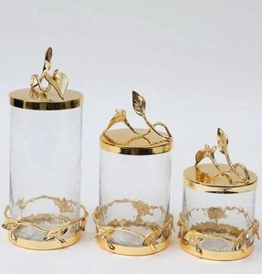 Ensemble de pots en verre décoratifs dorés à motifs floraux, récipients de rangement de luxe pour la cuisine, décoration d'intérieur, conteneur de table, couvercle en métal hermétique - Product Image 2