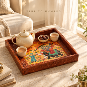 Plateau de service moderne en bois émaillé de qualité supérieure avec 4 sous-verres |   Plateau à boissons décoratif coloré, écologique, multifonctionnel, pour la cuisine - Product Image 2