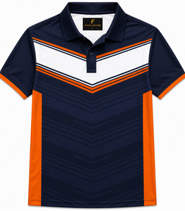FURAT LEATHERS Men's Short Sleeve <b>Polo</b> <b>Shirt</b> Geometric Print <b>Navy</b> Orange Knitted Quick Dry Sporty Style - Product Image 1