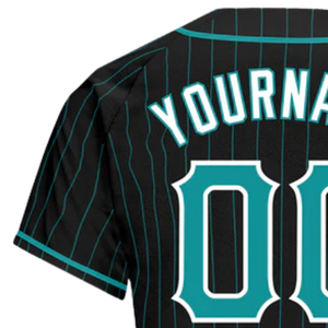 Men Black Aqua Pinstripe Teal White Baseball Jersey Button Front Team Shirt Performance <b>Athletic</b> Practice Game Uniform Wear - Product Image 5