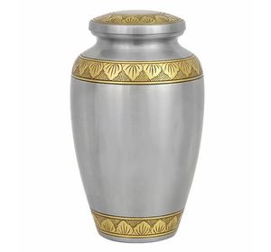 โกศบรรจุอัฐิโลหะสีเงิน พร้อมแถบลายทองคำเปลว ขนาดสำหรับผู้ใหญ่ ดีไซน์ทนทาน โกศและโถเก็บอัฐิสำหรับบุคคลสำคัญ - Product Image 1