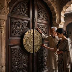 Poignée de porte moderne en laiton Padma Crest Lotus |   Poignée d'entrée décorative artistique durable avec gravure florale pour hôtel - Product Image 4