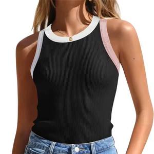 Débardeur côtelé noir pour femme, col rond, sans manches, couleur unie, avec bordure blanche et rose - Product Image 1