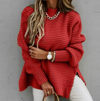 Sweter Rajut Wanita Kerah Setengah Tinggi Lengan Panjang Tebal Model Sambung Warna Solid Kasual Belahan Samping Pullover Kantor Wanita Elegan
